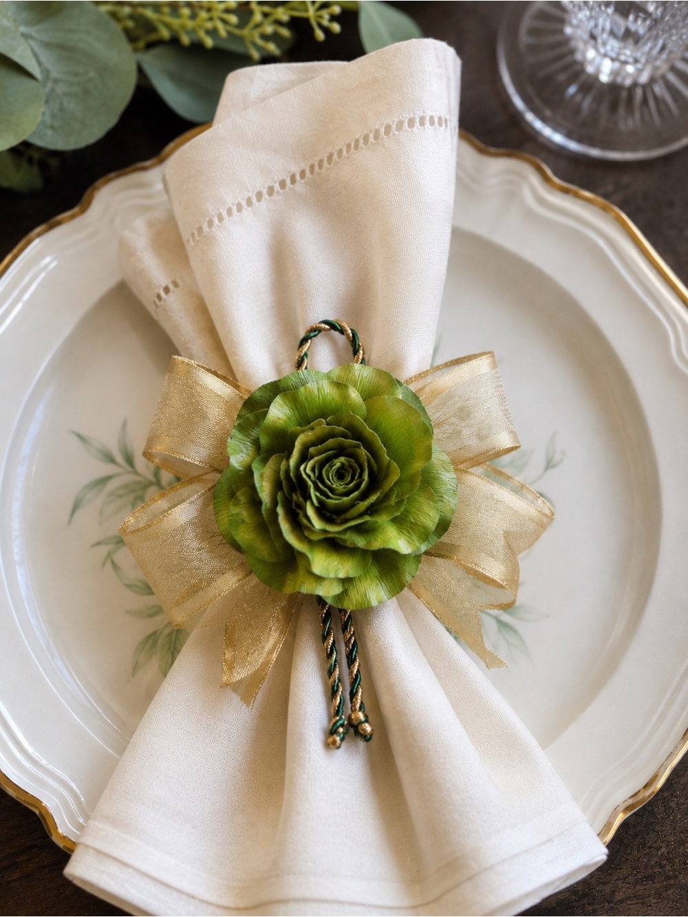 Set Of 6 Handmade Sola Wood Rose Floral Napkin Rings Olive Green & Gold Ribbon